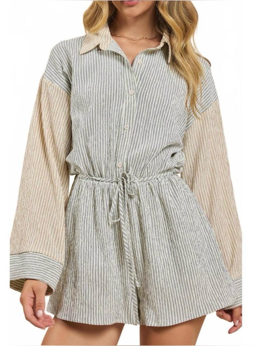 Sadie & Sage Striped Button-Front Romper in Cream & Gray